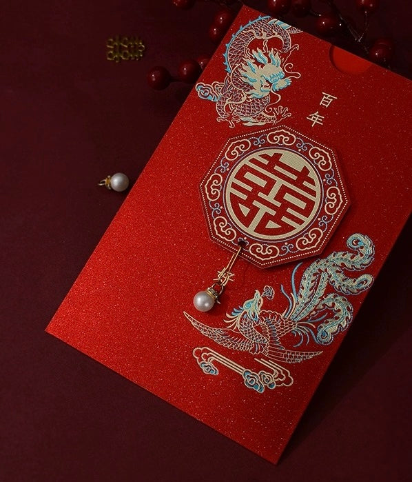 40 SETS Chinese Wedding Invite with Dragon Phoenix Design & Double Happiness Tassel