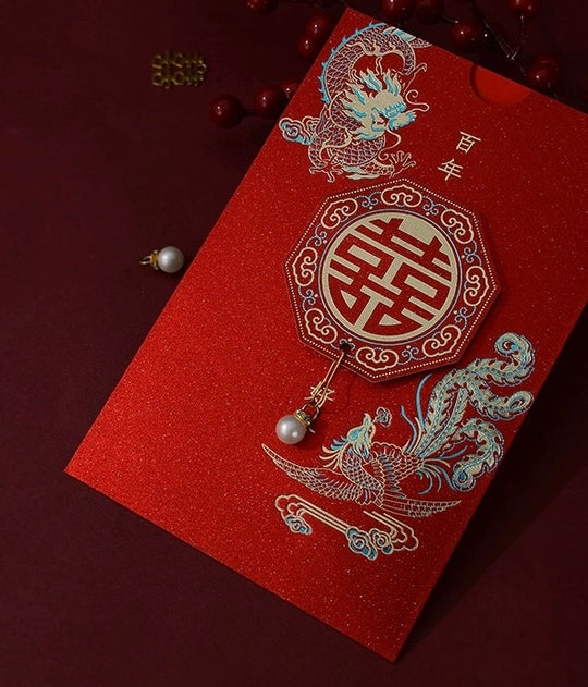 40 SETS Chinese Wedding Invite with Dragon Phoenix Design & Double Happiness Tassel