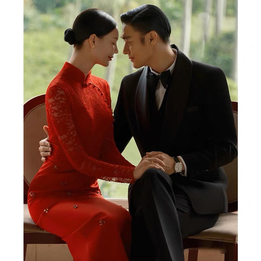 Elegant Red Lace Qipao with Elegant Beading