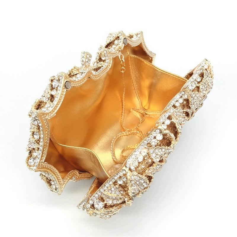 Encrusted Lavish Gold Wedding Clutch with Elegant Rose Design