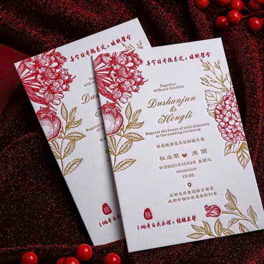 40 SETS Letterpress Cotton Invites with Red Golden Floral Design