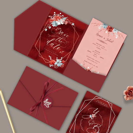 40 SETS Modern Chinese Wedding Invitation Set with Floral Design & Tri-Fold Envelope Pocket