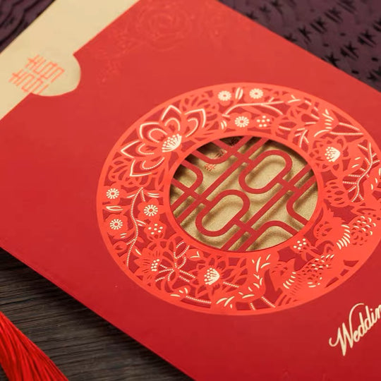 40 SETS Chinese Wedding Invitation With Red & Gold Laser Cut Double Happiness Outer Card