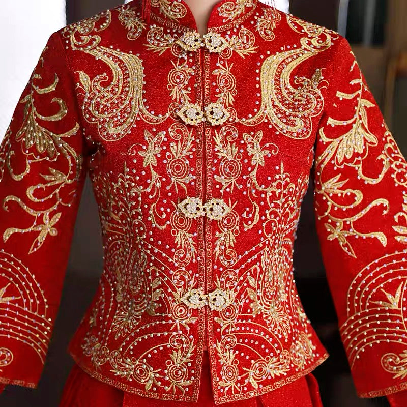 Wedding Qun Kua 龍鳳卦/秀禾服 for Bride with Chinese Oriental Pattern Embroidery