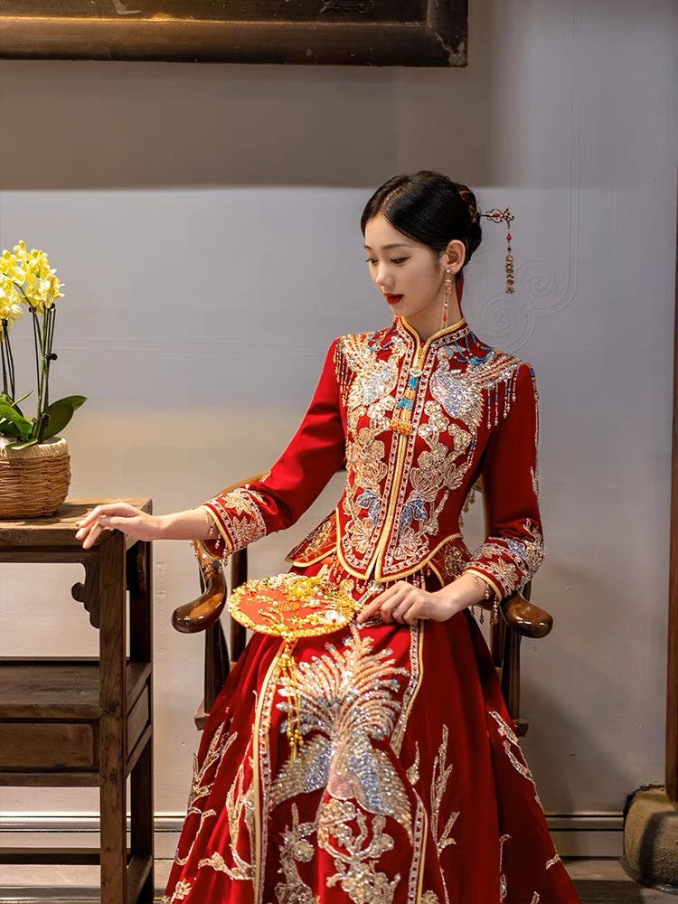 Beaded Top and Skirt Wedding Qun Kua 龍鳳卦/秀禾服 With Blue Accents for Bride in Elegant Red Color