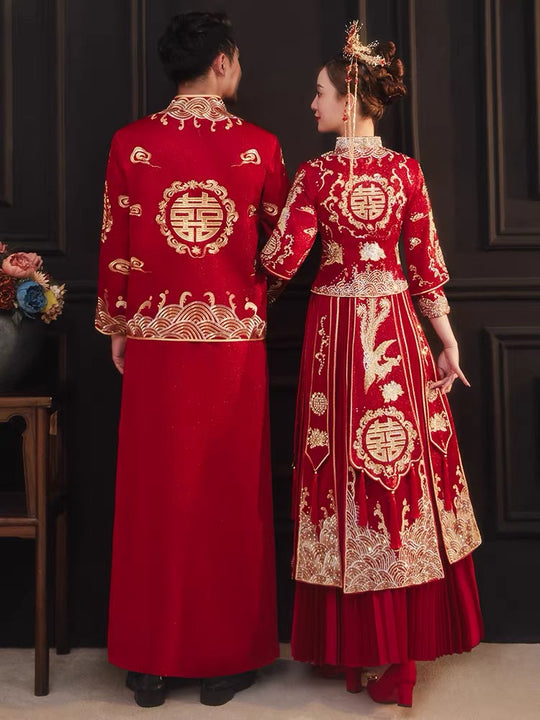 Coat and Skirt Wedding Qun Kua 龍鳳卦/秀禾服 With Double Happiness for Bride in Elegant Red Color