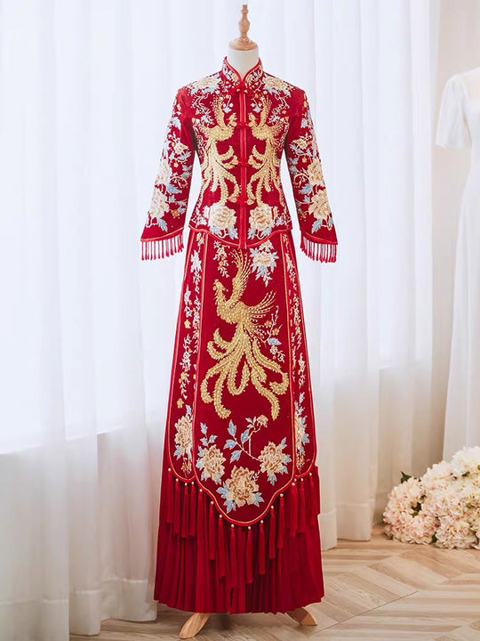 Mandarin Collar Wedding Qun Kua 龍鳳卦/秀禾服 for Bride with Phoenix and Floral Embroidery