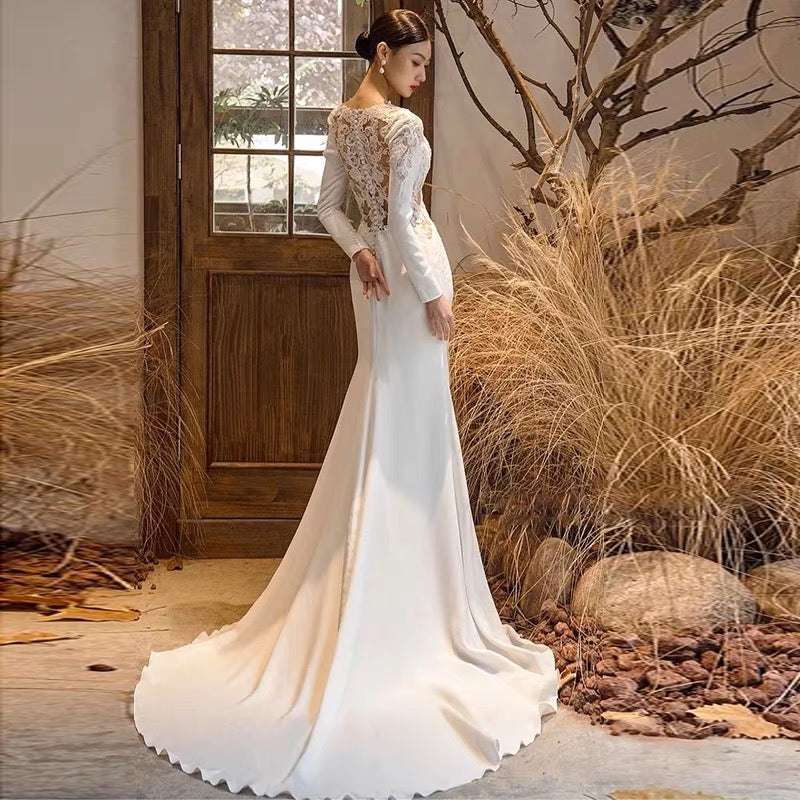 VIVIAN Lace Back Long Sleeved Wedding Dress with Trumpet Train