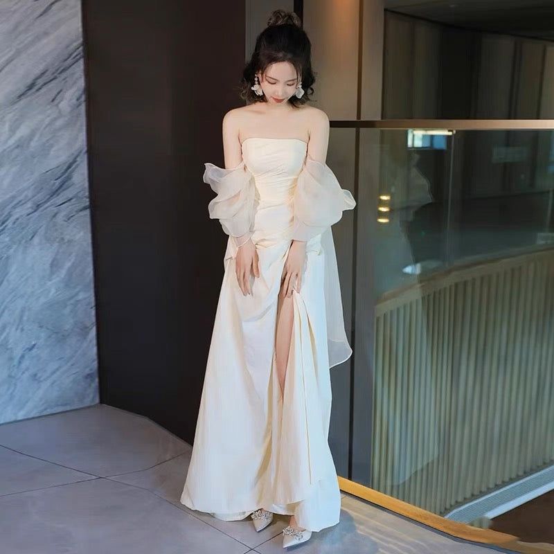 KARINA Off White Wedding Dress with Flowing Sleeve & Back Detail