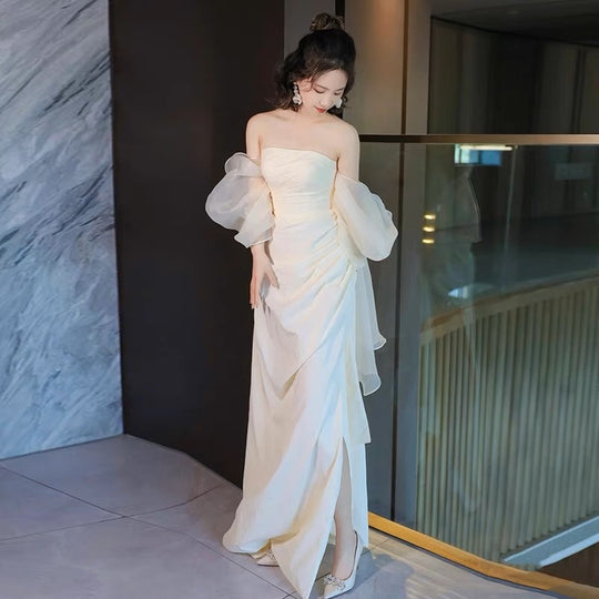 KARINA Off White Wedding Dress with Flowing Sleeve & Back Detail