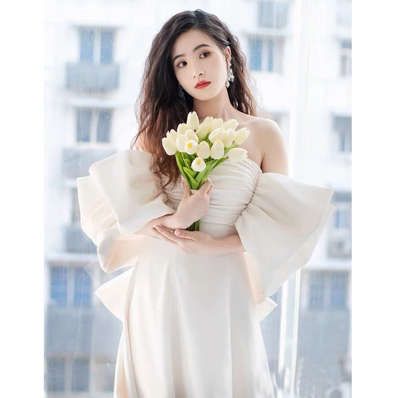 RILEY Modern Bell Sleeve Wedding Dress with Bow Back