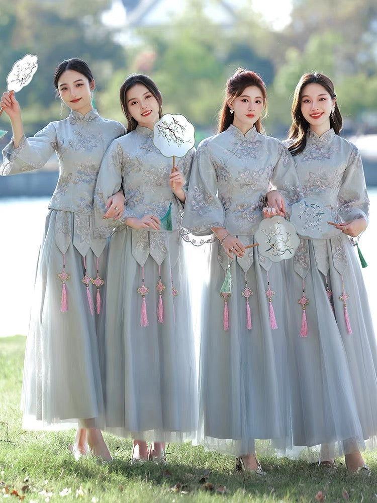 Floral Patterned Chinese Bridesmaids Dress for Tea Ceremony