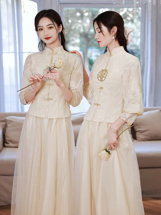 Beige Bridesmaids Dress for Chinese Ceremony with Double Happiness Sign