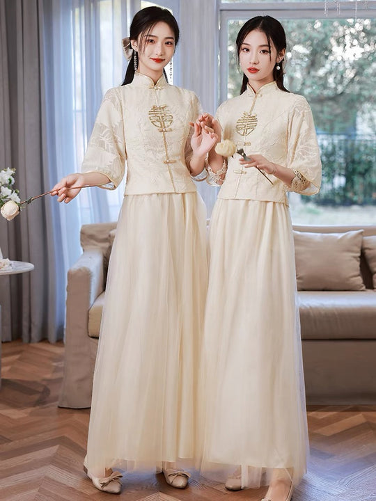 Beige Bridesmaids Dress for Chinese Ceremony with Double Happiness Sign