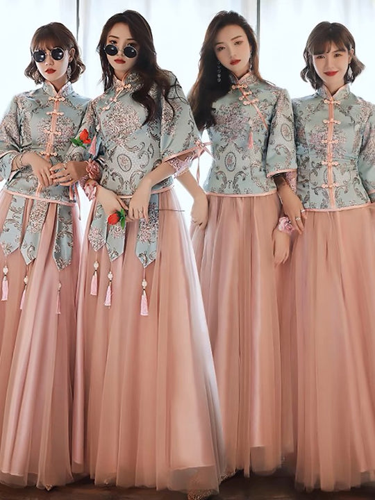 Blue & Pink Chinese Bridesmaids Dress for Oriental Wedding