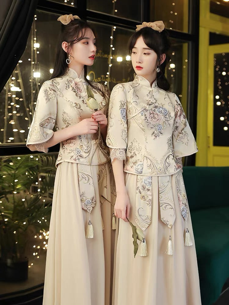 Champagne Embroidered Chinese Tea Ceremony Bridesmaids Dress