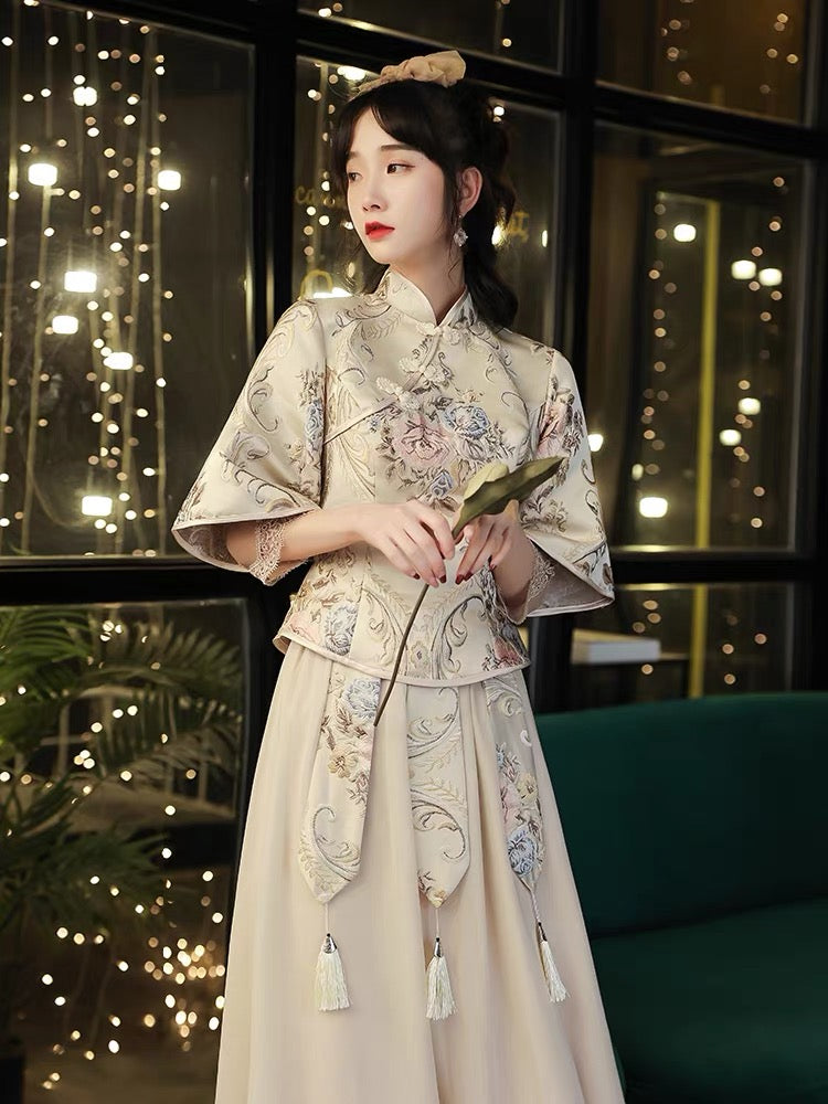 Champagne Embroidered Chinese Tea Ceremony Bridesmaids Dress