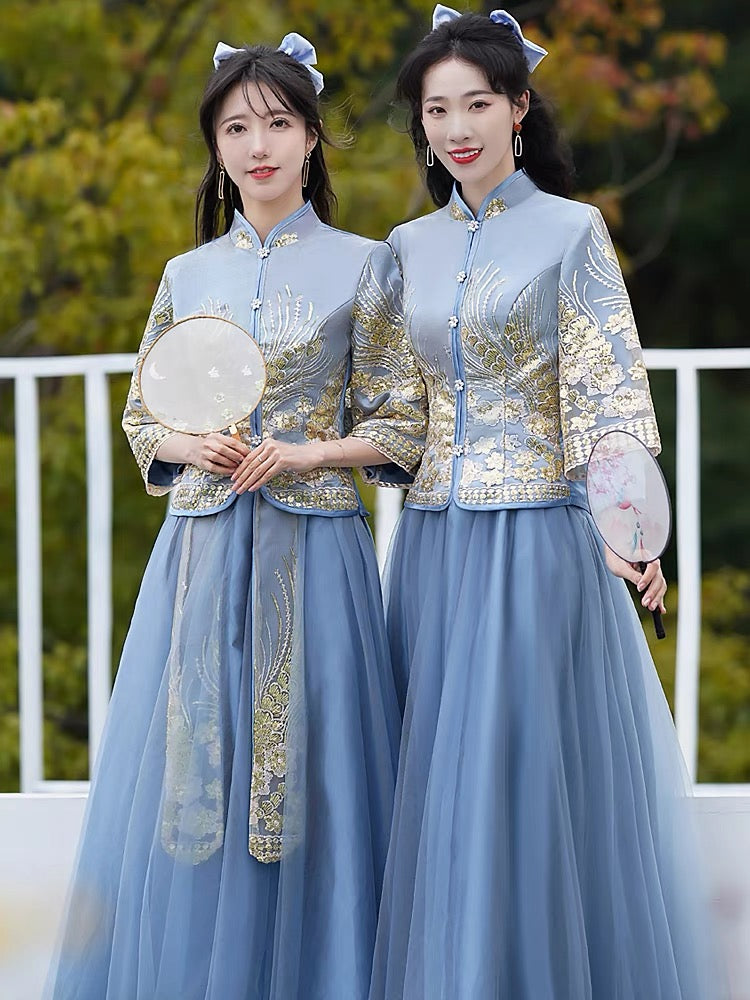 Gold Embroidered Bridesmaids Dress for Chinese Wedding