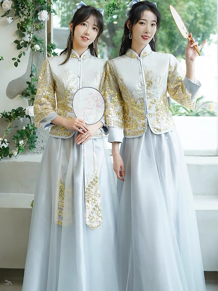 Gold Embroidered Bridesmaids Dress for Chinese Wedding