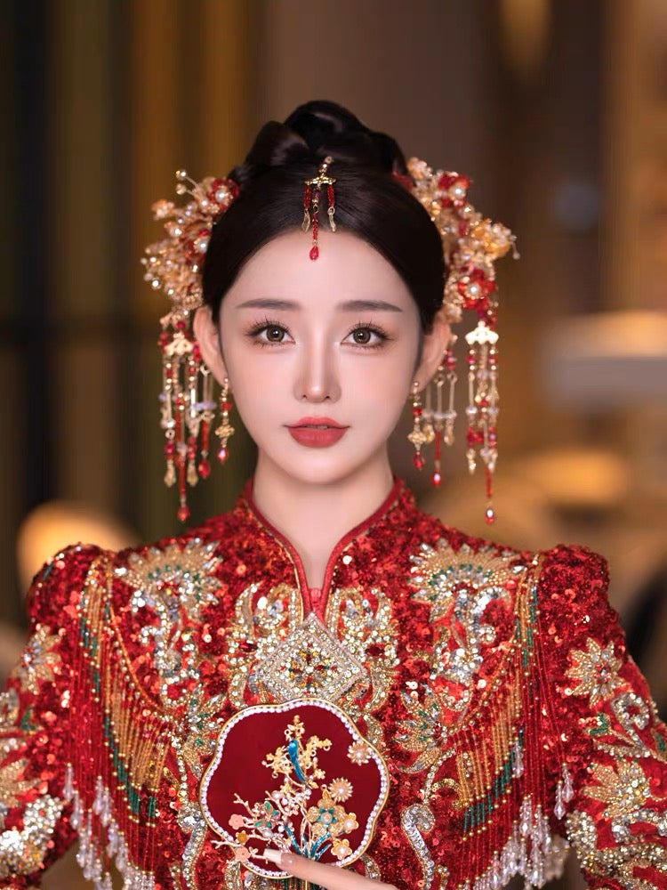 Stunning Gold Hairpiece with Red Beading for Chinese Wedding