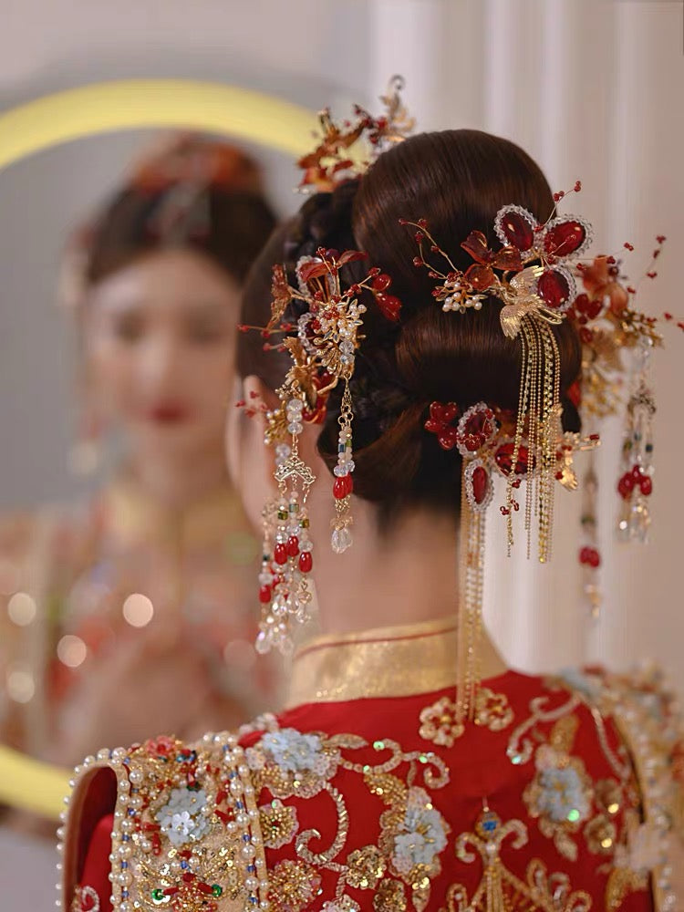 Luxurious Red Ruby Inspired Hairpiece with Gold Details for Chinese Wedding