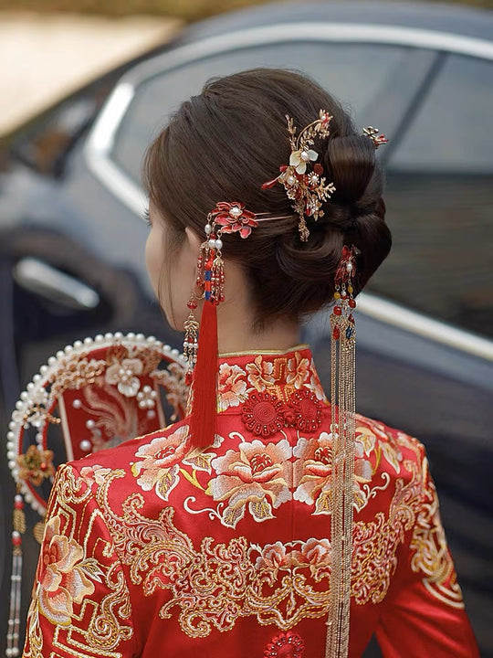 Gold Chinese Wedding Hairpiece with Red Floral Theme
