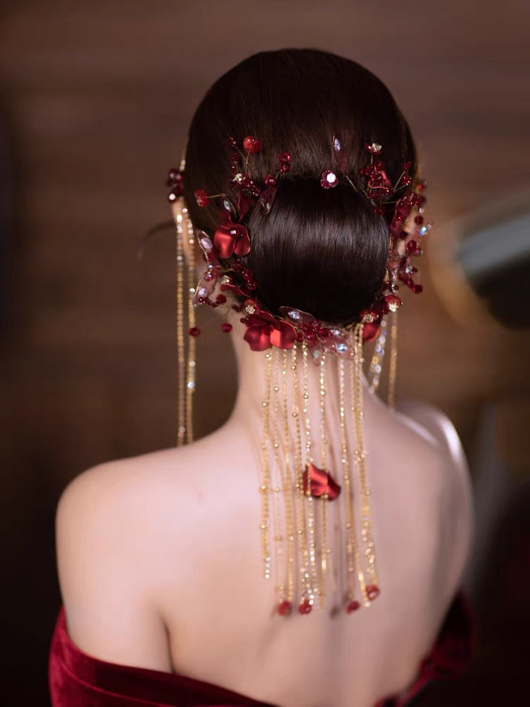 Simple Red Floral Chinese Wedding Hairpiece with Golden Beadings