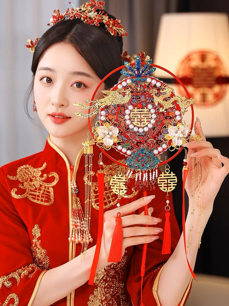 Chinese Tea Ceremony Double Happiness Wedding Fan with Phoenix and Dragon Details