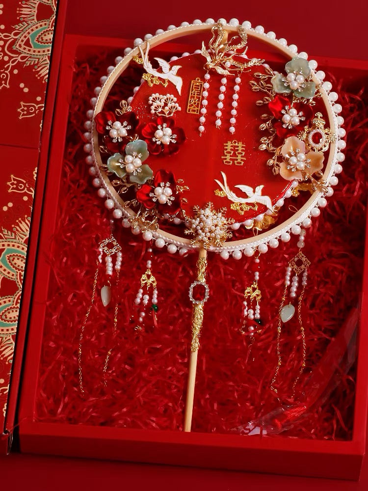 Chinese Ceremony Double Happiness Wedding Fan with Elegant Pearl Details