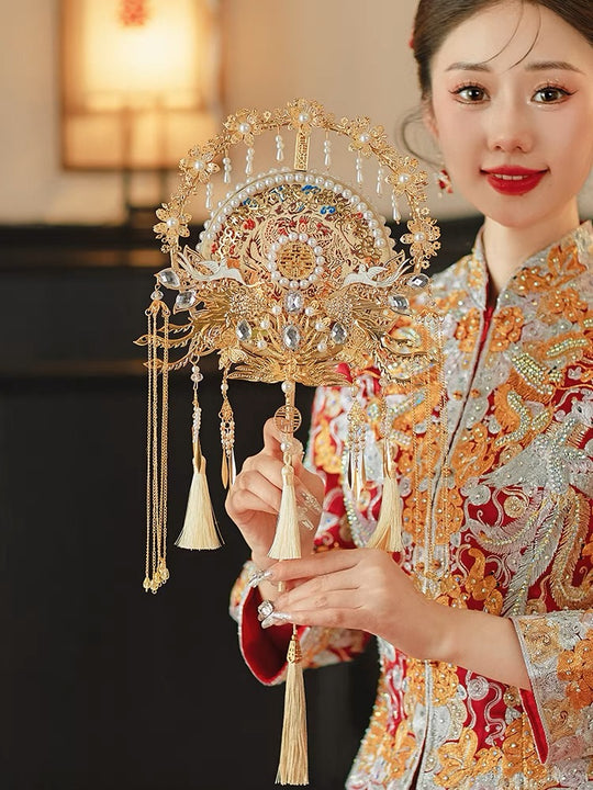 Luxurious Golden Chinese Tea Ceremony Double Happiness Wedding Fan