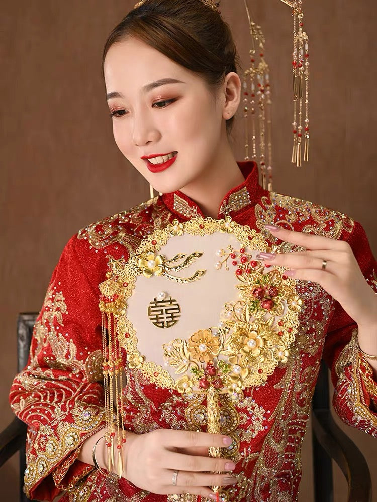 Sheer Golden Chinese Wedding Double Happiness Wedding Fan with Floral Details
