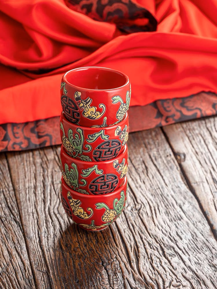 Old Fashioned Asian Ceremony Tea Set with Classic Double Happiness