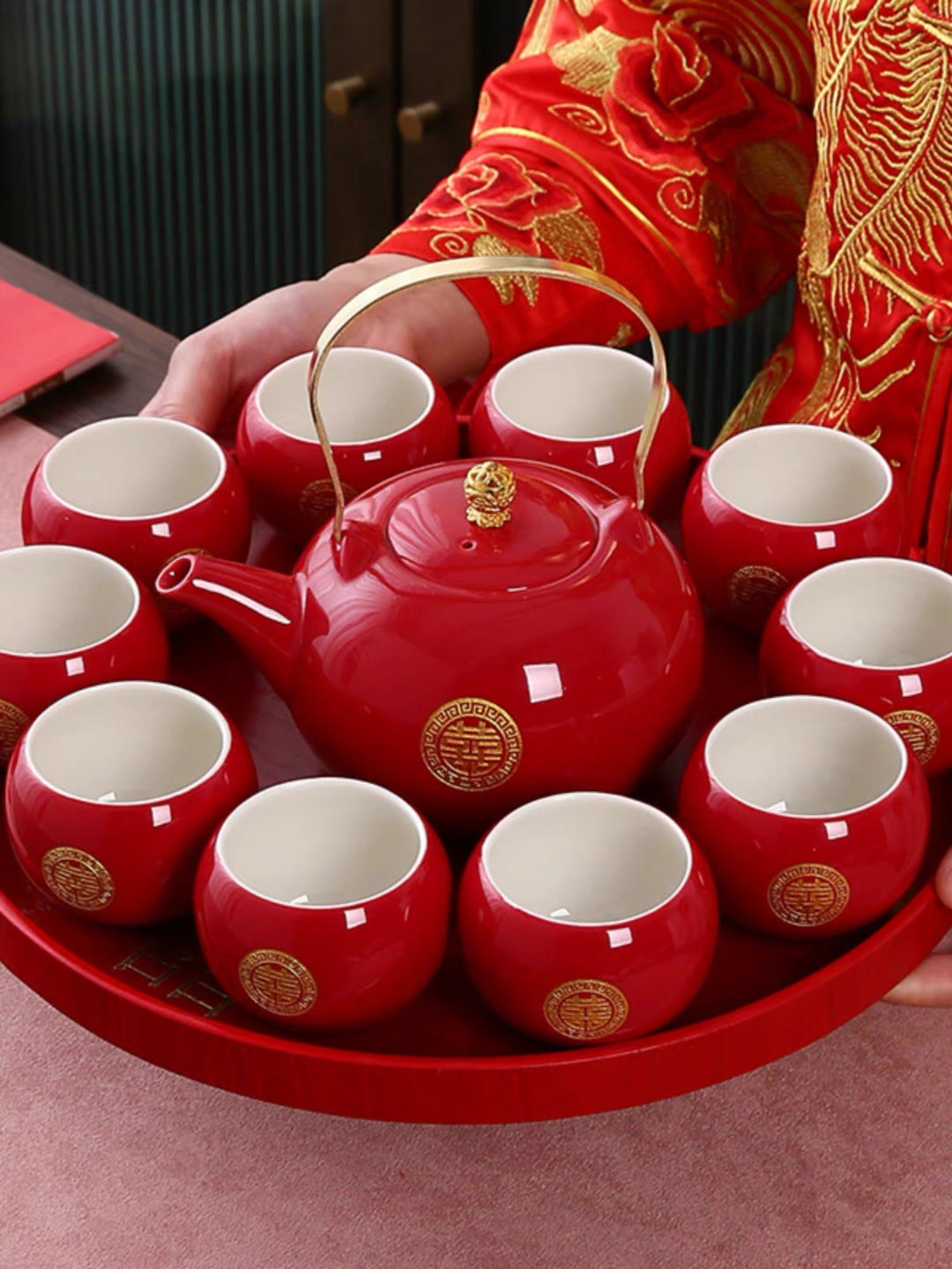 Red Asian Ceremony Tea Set with Golden Double Happiness