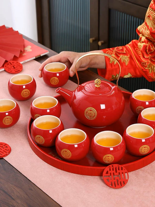 Red Asian Ceremony Tea Set with Golden Double Happiness