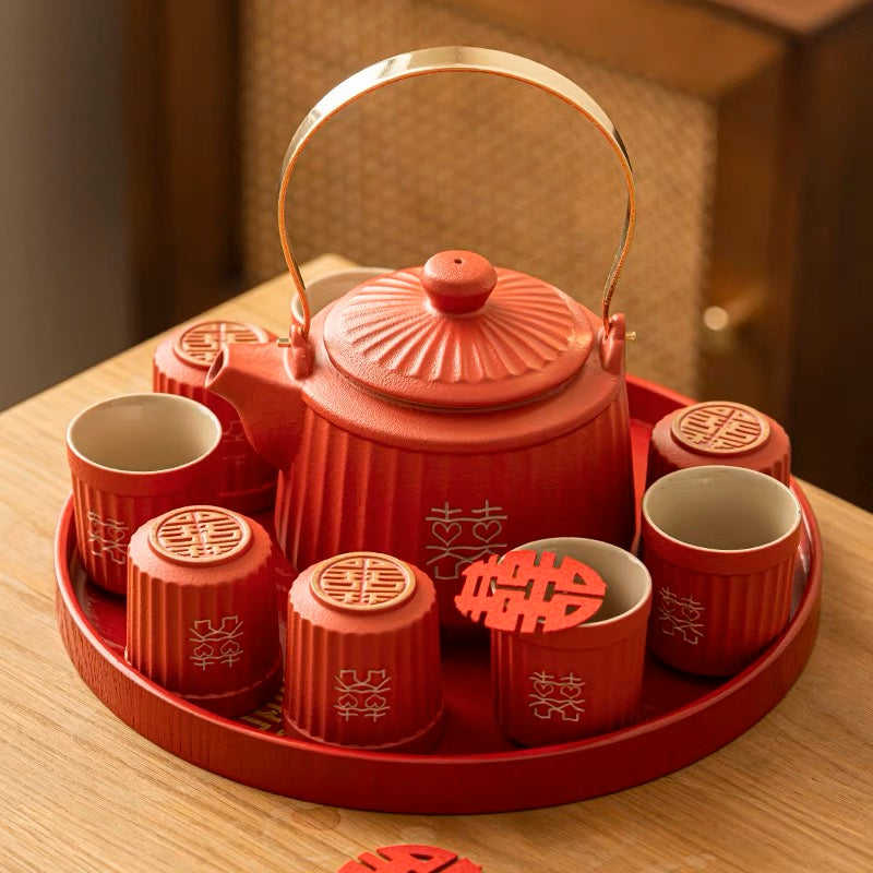 Modern Asian Ceremony Tea Set with Playful Double Happiness