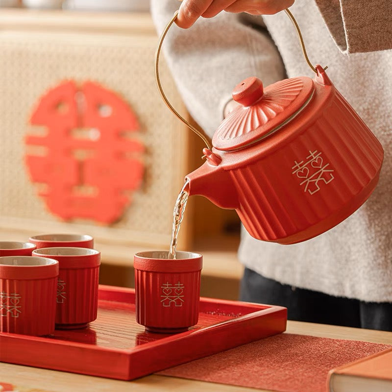 Modern Asian Ceremony Tea Set with Playful Double Happiness
