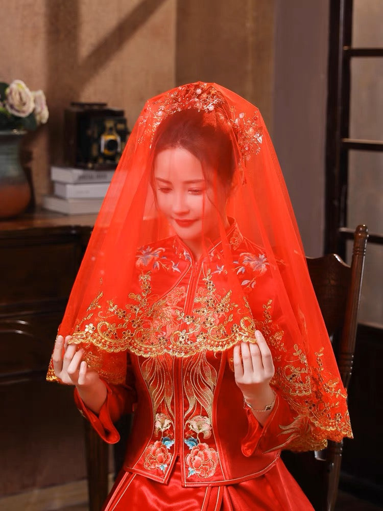 Luxurious Red Veil with Gold Details for Asian Wedding Ceremonies