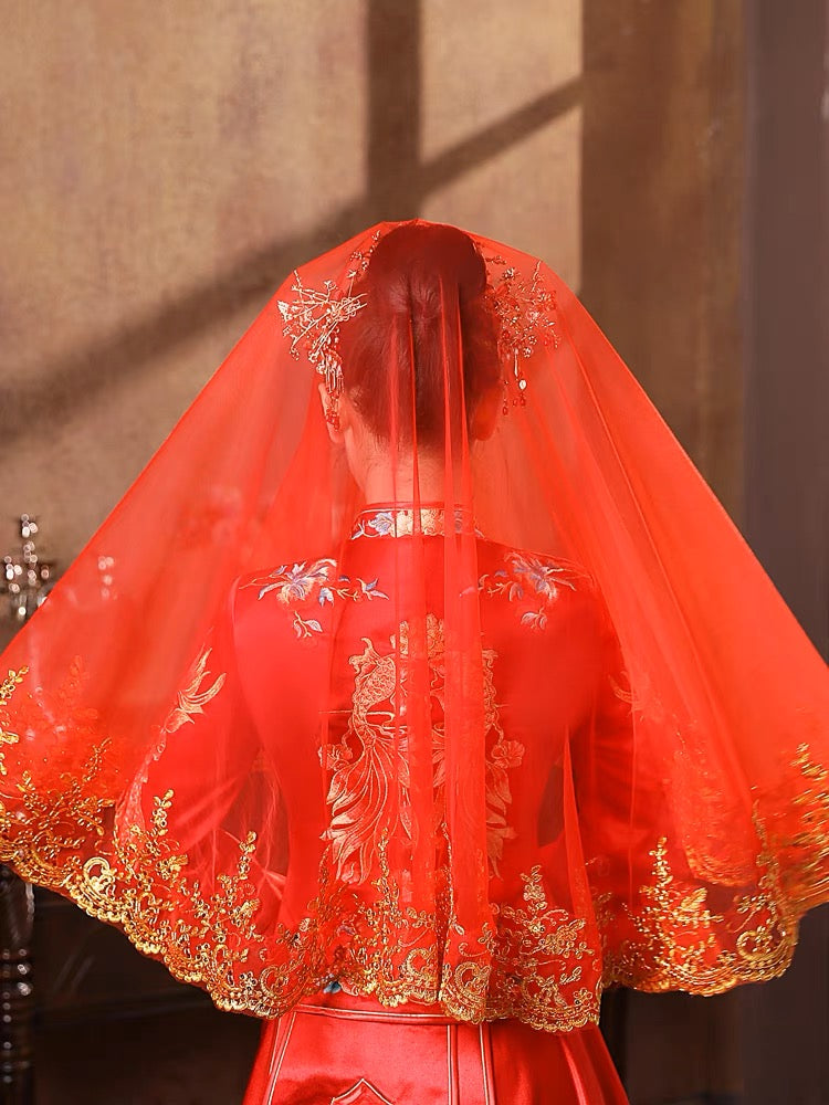 Luxurious Red Veil with Gold Details for Asian Wedding Ceremonies