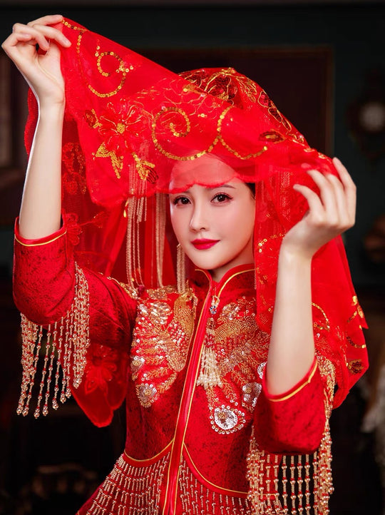 Double Happiness Red Veil with Festive Elements for Asian Wedding Ceremonies