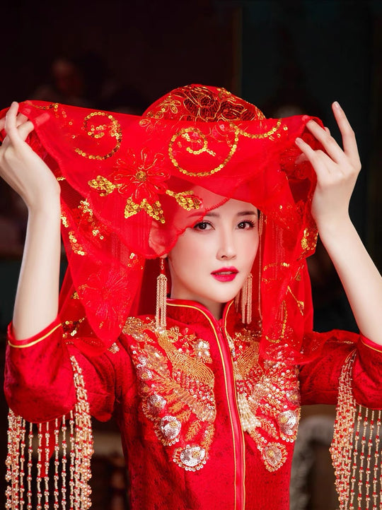 Double Happiness Red Veil with Festive Elements for Asian Wedding Ceremonies