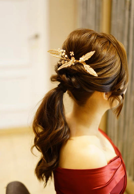 Golden Feather Bridal Hairpieces with Pearl Details