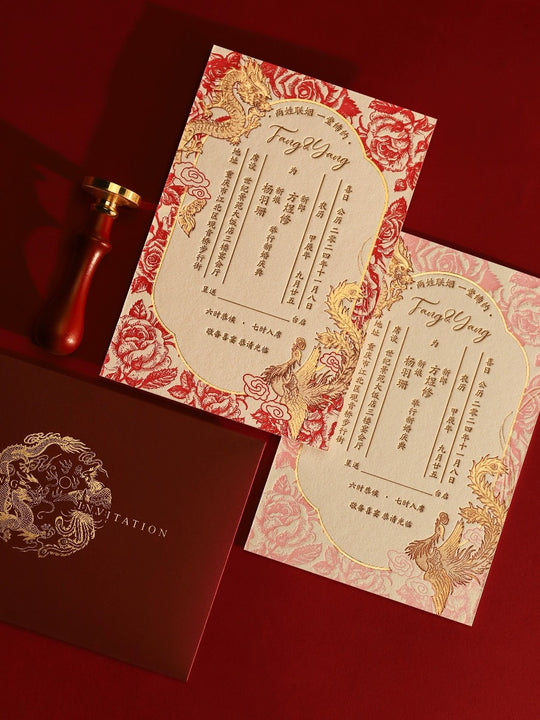40 SETS Letterpress Cotton Invites with Gold Foil Dragon Phoenix Design