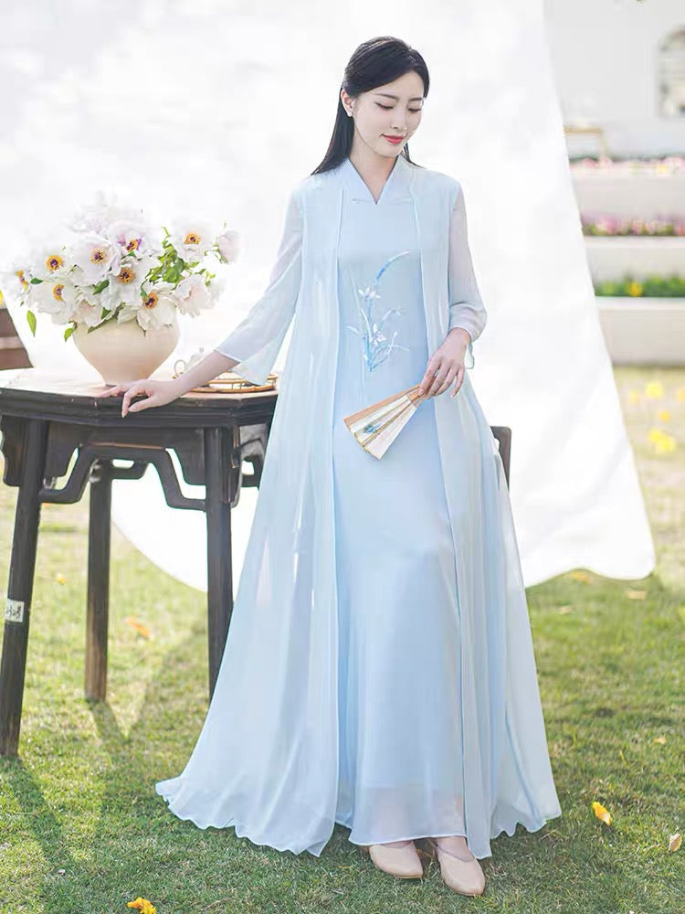 HELEN DRESS Serene Blue Mother of the Bride/Groom Dress with Sheer Shawl for Asian Ceremony