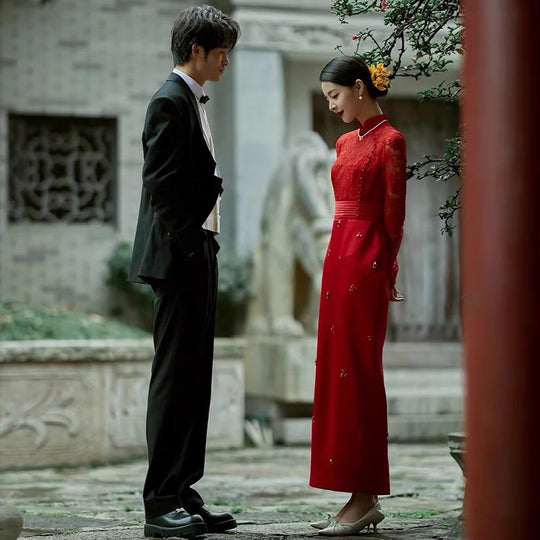 Elegant Red Lace Qipao with Elegant Beading