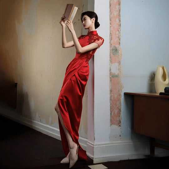 Stunning Red Qipao with Laced Back and Mini Train