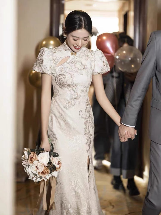 Breathtaking White Qipao with Stunning Pearl Back