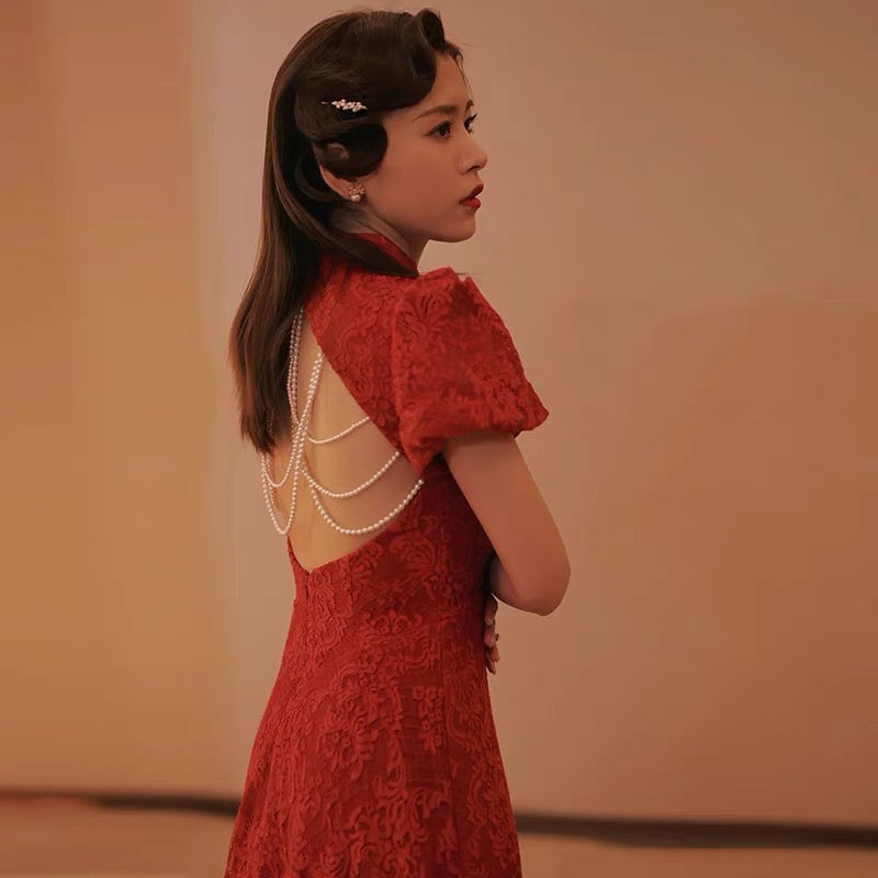 Classic Red Qipao with Eye-catching Pearl Back Details