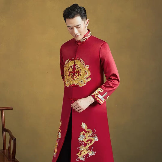 Red Groom's Magua 新郎馬褂 with Golden Dragon Design for Chinese Ceremony