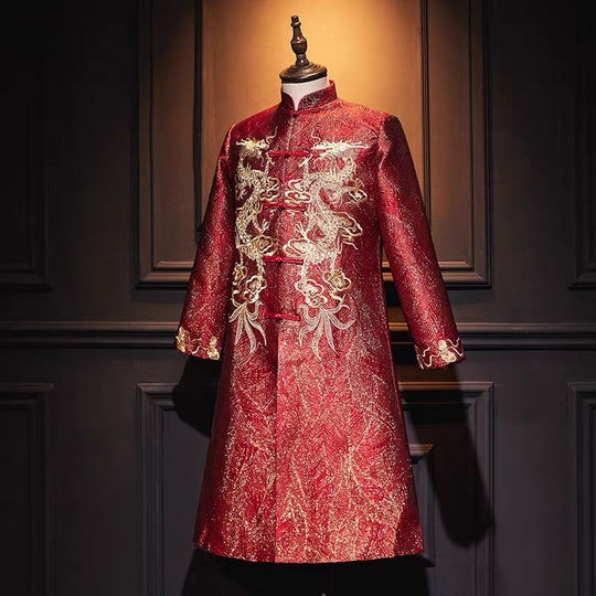 Groom's Magua 新郎馬褂 with Luxurious Dragon Embroidery for Chinese Ceremony