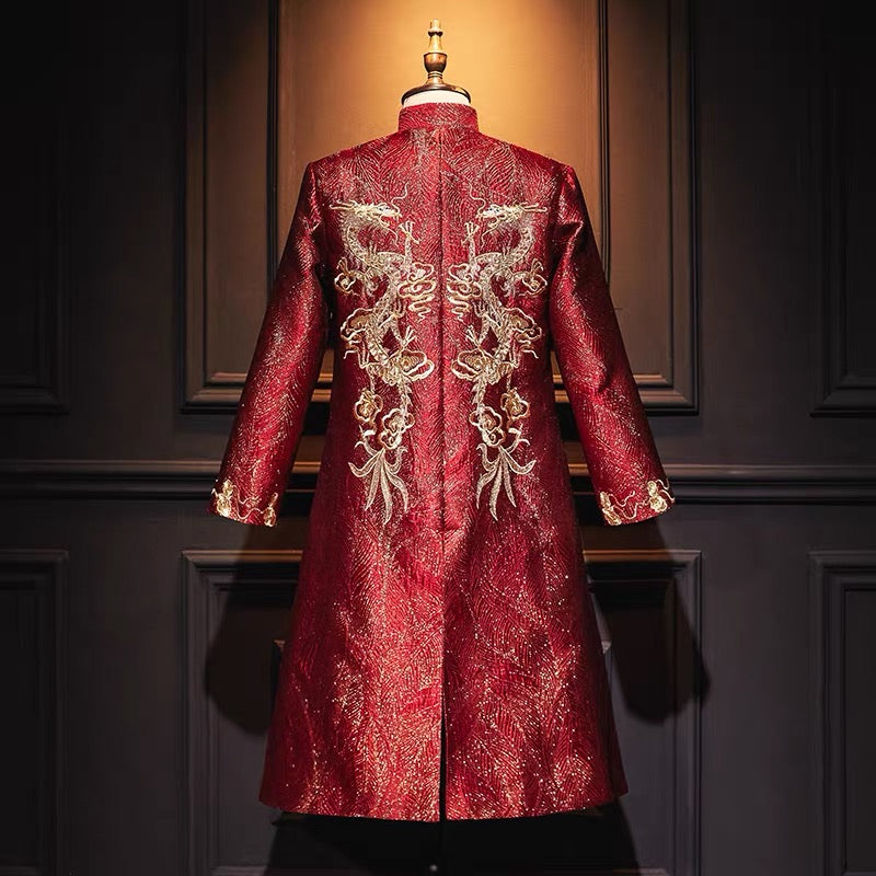 Groom's Magua 新郎馬褂 with Luxurious Dragon Embroidery for Chinese Ceremony